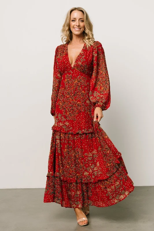 Bowman Deep V Maxi Dress | Red Multi