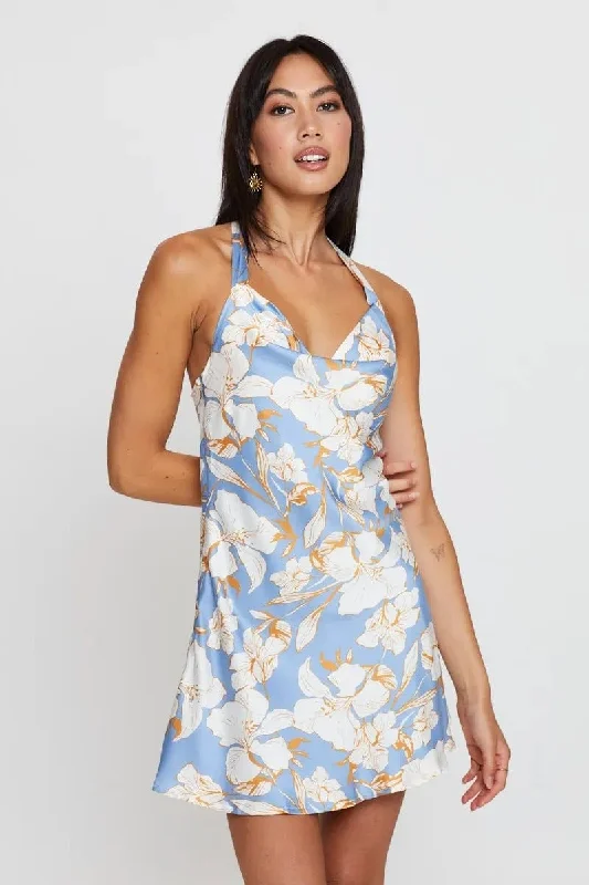 Print Slip Dress Evening Halter Neck Satin