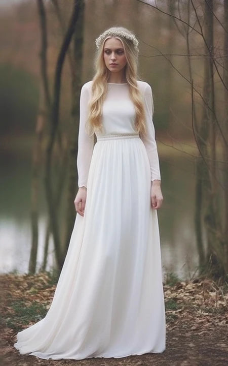 Simple Bateau-neck Long Sleeve Chiffon Empire Wedding Dress