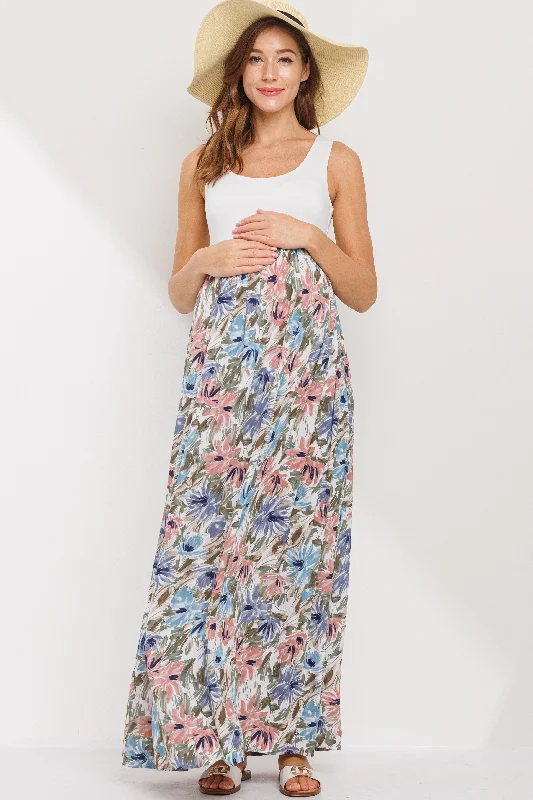 "Off - shoulder dresses for women to show off collarbones"Color Block Floral Print Tank Maternity Maxi Dress