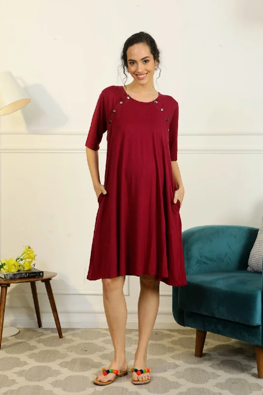 Cozy Burgundy Shoulder Snap Maternity & Nursing Night Dress / Delivery Gown/ Lounge Dress