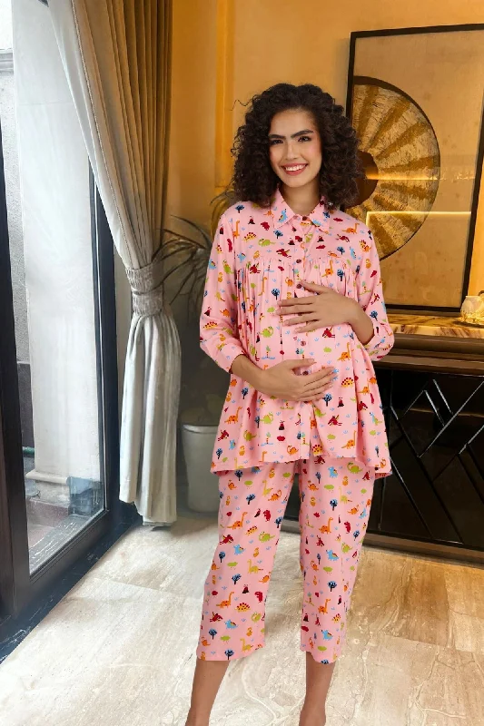 "Polka dot dresses for women with a retro vibe"Cute Forest Maternity & Nursing Lounge Coord Set (2Pc)