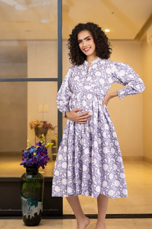 Dewberry Floral Maternity & Nursing Gathered Dress (100% Cotton)