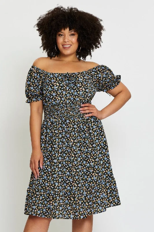 "Wrap dresses for women for an adjustable fit"Floral Print Skater Dress Off Shoulder Short Sleeve