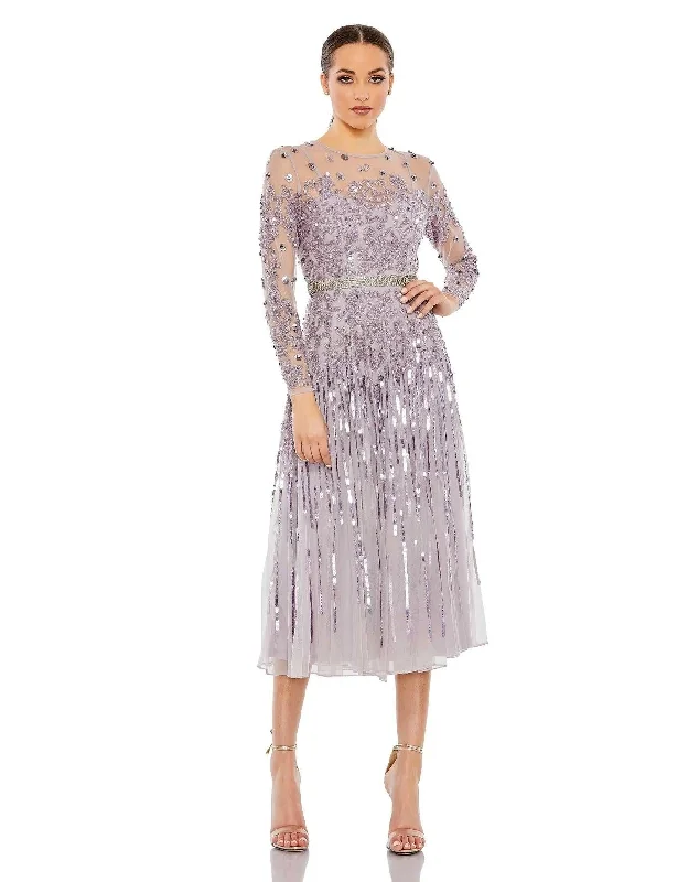 "Lace dresses for women for a romantic and elegant look"Mac Duggal 93633 Long Sleeve Tea Length Dress