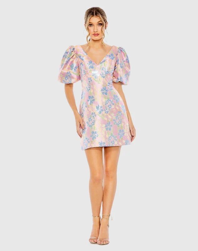 Floral Puff Shoulder Brocade Mini Dress