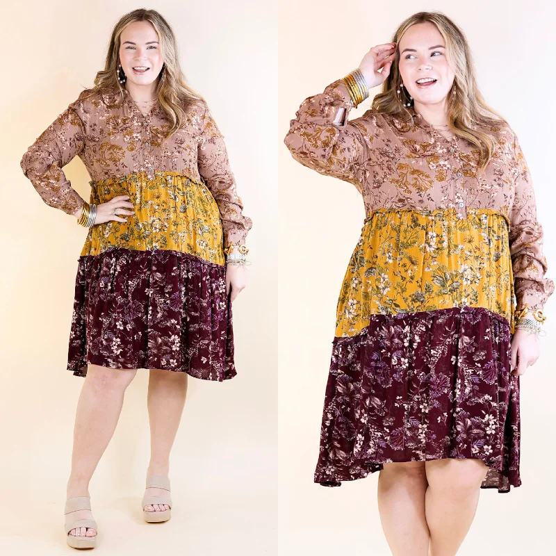 Among the Flowers Floral Ruffle Tier Long Sleeve Dress in Taupe, Mustard, and Burgundy