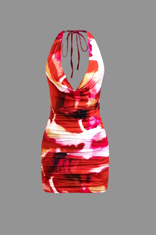 Tie Dye Halter Cowl Neck Backless Mini Dress