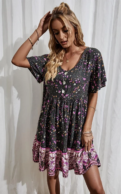 Purple Floral Print Button Front Mini Dress In Black