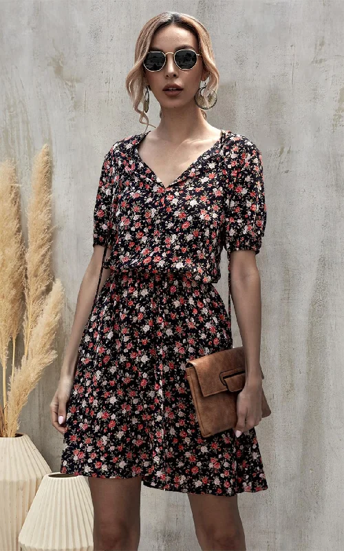 Red Floral Print Summer Dress In Black