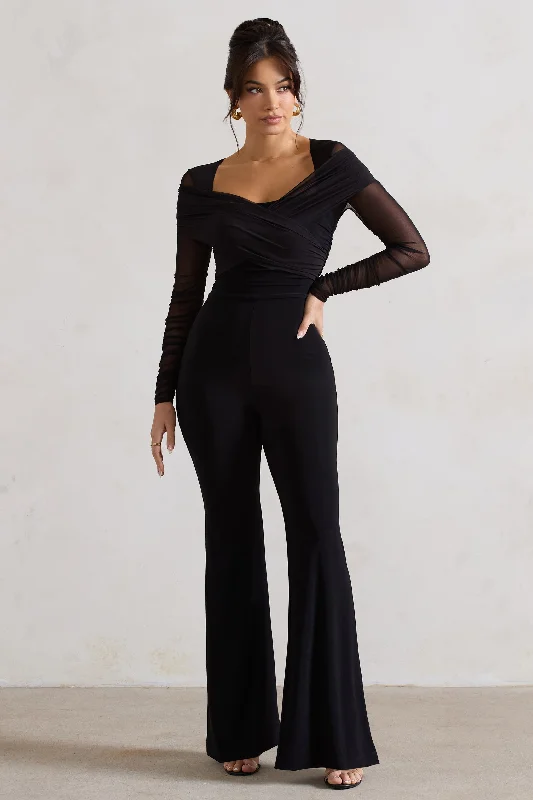 Crossed Lines | Black Ruched Mesh Flared-Leg Jumpsuit